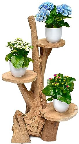 Stephans Möbelbörse Teak Blumenständer mit 3 Ablagen Blumenpodest Pflanzentreppe Blumenregal Ständer Blumenhocker Massiv Holz Podest Regal 60cm