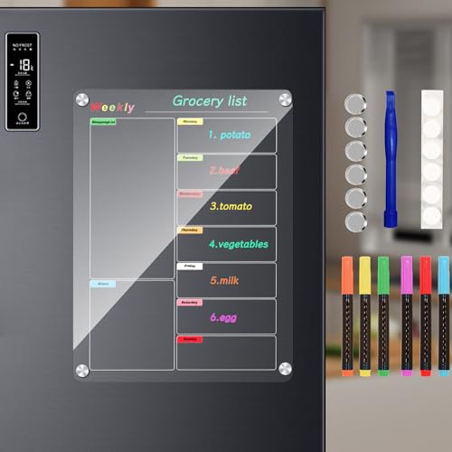 Calendario magnetico frigorifero, lavagna pasti mensile settimanale, cancellabile a secco, 6 pennarelli colorati (trasparente, Bysameyee}