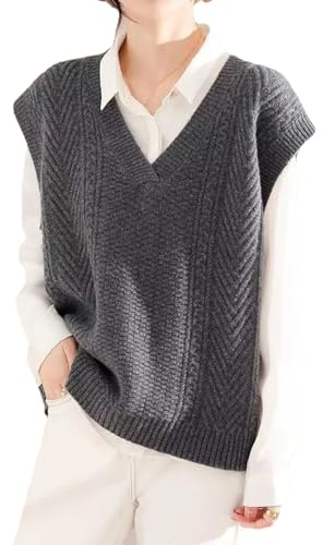 Gilet da donna in lana misto con scollo a V, senza maniche, in maglia, vintage, ampio, invernale, pullover, Grigio 9, XL