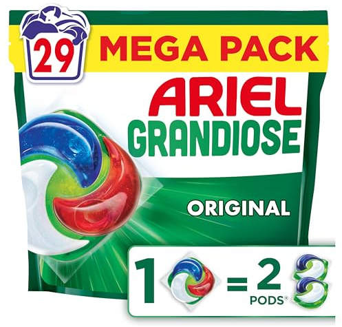 Ariel Pods Grandiose Original, Lessive en Capsules, 29 Lavages, 2X Action Détachante et Anti-Odeur Sur Les Tâches Tenaces, Dissolution Rapide Même à Froid, Fabriqué en France