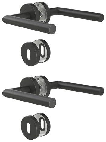 KeZaara Maniglie per Porta Interne 2 Pezzi, Maniglia per Porta in Acciaio Inox con Rosetta Arrotondata Ø 52 mm, Nero Opaco, Forma di L, BB-Chiave a Profilo Tondo