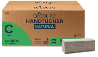 œcolife Handtücher Natural C-Falz, 2400 Blatt, 25x50cm, 1-lagig, Recyclingpapier, graues Papier, Falthandtücher, Papierhandtücher, für Spender geeignet, saugstark