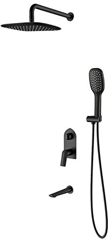 Aioneer Système De Douche À Haut Débit avec Bec Verseur, Robinet De Douche Encastré Noir, Douchette À Main Et Pomme De Douche À Effet Pluie