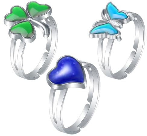 ZORVYN Lot de 3 bagues d'humeur (Papillon, Trèfle, Cœur), bagues ajustables, accessoires de déguisement, bagues de fête, cadeau d'anniversaire, pour enfants, filles, garçons (changement de couleur)