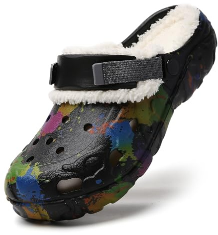 Zoccoli invernali foderati – Zoccoli Eva da uomo con design a schizzi di colore – Scarpe da giardino leggere antiscivolo con cinturino regolabile, ciabatte invernali da giardino, Nero , 47 EU