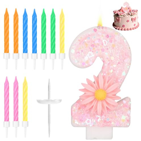 YOFDAL 1 Pezzi candela rosa a forma di girasole, 10 pezzi candele multicolori, Candele compleanno, Candeline compleanno numeri(2), A
