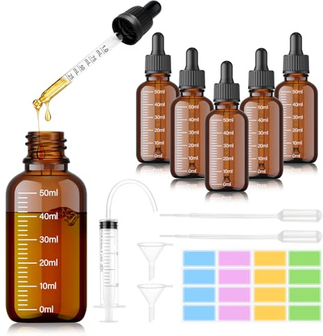 Alitree 6 st 50 ml glasdroppare, med glaspipetter, inklusive 7 hjälptillbehör, återanvändbar, för eteriska oljor, doftoljor, flytande färgämnen, aromaterapiblandningar