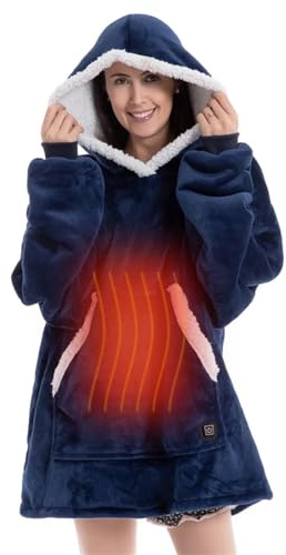 CAIYZH USB Heated Wearable Blanket Electric Hooded Blanket With 3 Heating Levels, Fleece Wearable Fluffy Hooded Blanket Warm Throw Blanket Sweatshirt Robe For Adults(Navy Blue,Built-in Button)