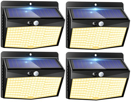 Peasur - Lámpara solar exterior con sensor de movimiento (4 unidades, luz LED exterior con detector, 3 modos/estanca, foco solar, iluminación exterior para jardín, pared, garaje, blanco cálido