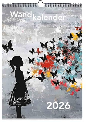 Calendario da parete 2026, formato A4, formato verticale, design street art con farfalle, moderno calendario grigio