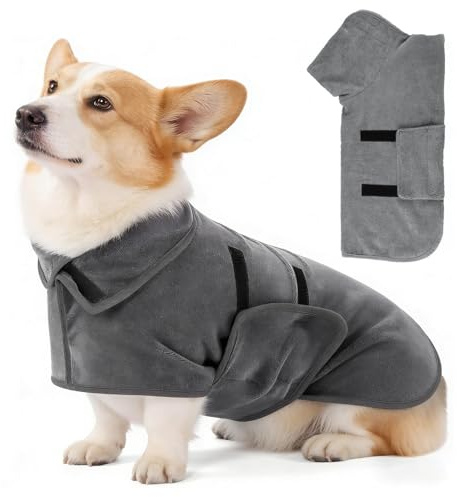 Zencantorous Peignoir Pour Chien en Microfibre, Peignoir Chien, Ajustable, Serviette Pour Chien Super Absorbante, Serviette à Séchage Rapide pour Animaux, Confortable, Pour Moyen Grand Chiens, Gris, L
