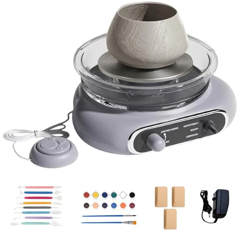 HTDRE Tornio Elettrico per Ceramica - Mini Macchina per Ceramica con Pedale e Set di Utensili per Argilla per Principianti e Arte Fai da Te con Argilla