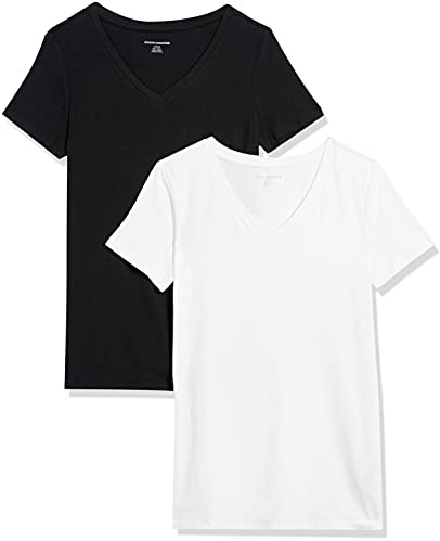 Amazon Essentials Women's Regular-Fit Short-Sleeve T-Shirt (Crewneck and V-Neck Options), Pack of 2, Black/White, Medium