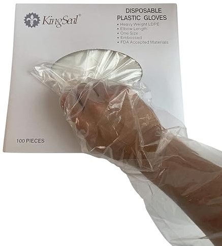 100 Count | KingSeal Poly Elbow Length Disposable Gloves, 21 inches from Fingertip to Cuff, Embossed Finish for Better Grip - 1 Pack of 100 (One Size Fits Most)