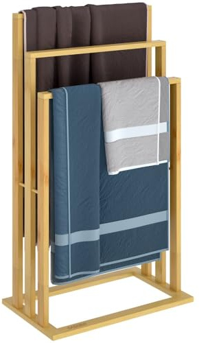 Porte-Serviettes en Bambou sur Pied avec 3 Barres Étagère de Salle de Bain Support pour Serviettes Charge Max 15 kg