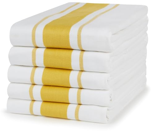Sticky Toffee 100% Cotton Tea Towel - Mustard Stripe Pattern, Pack of 5 | Kitchen Towel Set | Absorbent, Strong, Quick Dry & Machine Washable | Home Decor & Bathroom Accessories