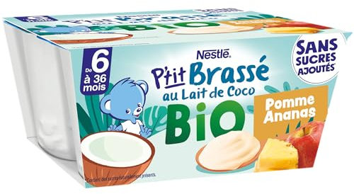 Nestlé Bébé - P'tit Brassé Bio Végétal Lait de Coco Pomme Ananas - dès 6 Mois - 4 x 90g
