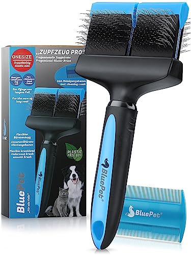 BluePet ZupfZeug Pro Professionelle Hundebürste Langhaar, Flexible Zupfbürste für Hunde & Katzen I Entfernt sanft Unterwolle, Verfilzungen & Knoten (Doppelkopf Blau)
