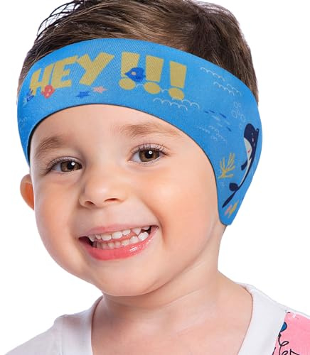 MoKo Bandeau de Natation Enfant Requin Mignon Protection Auditive, Bandeau d'oreilles Enfants en Néoprène, Sport Élastique Équipement Nautique pour Âge 3-9, Taille M/Bleu Clair