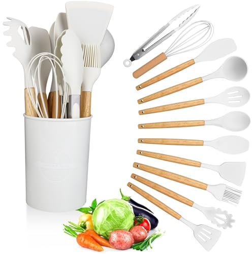 CTDMJ - Set di utensili da cucina, 12 pezzi, in silicone, con manico in legno, antiaderenti, set di utensili da cucina in silicone, resistenti al calore, colore bianco