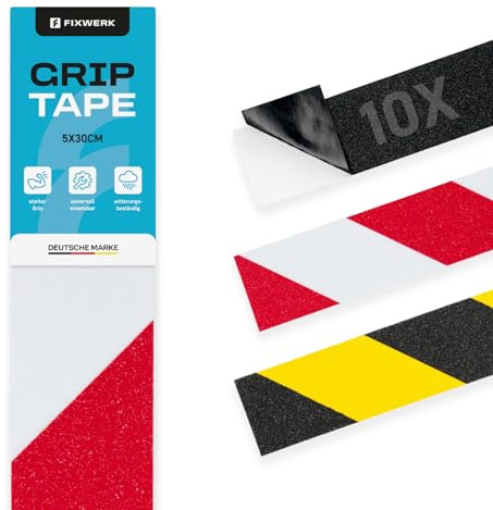 FIXWERK Halkfri tejp | grepptejp | självhäftande | väderbeständig | halkfri | 5 cm x 30 cm | 10 stycken (röd-vit)