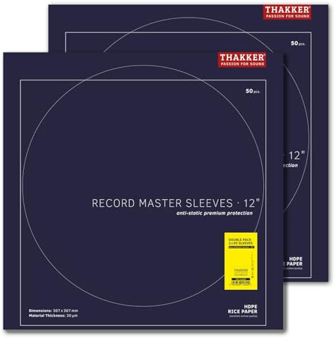 THAKKER Record Master Sleeves - 12' - Pochettes intérieures antistatiques | Protection Premium pour Les disques 12' | Excellente qualité | HDPE 30µm Plus Doublure en Papier de Riz (100)