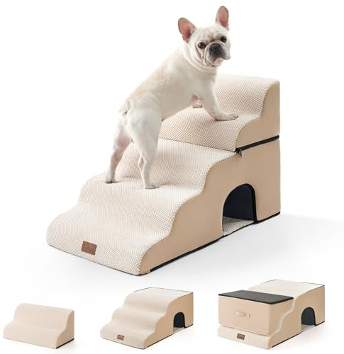 COZY KISS Dog Stairs with Hole, Small Pet Steps with Leakproof Cover, High Density Foam Cat Ramp for High Bed Car, Lightweight, Durable, 19.7x33x22.4 inch, 5 Tiers, Beige
