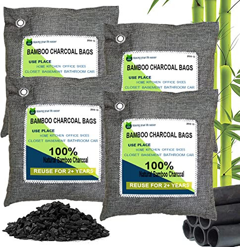 Bolsas de carbón vegetal, bolsas de bambú, paquete de 4 unidades, carbón activo, 4 x 200 g, purificador de aire y desodorización, bolsas de purificación de aire de carbón vegetal para dormitorio