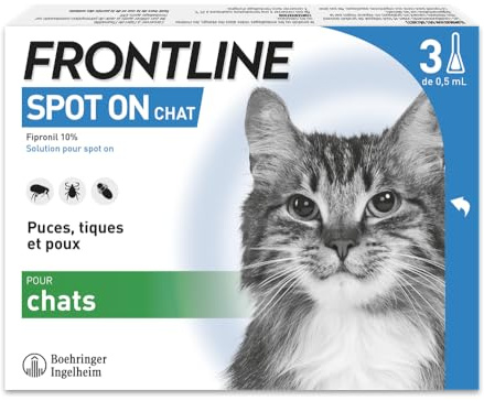 Frontline Spot on Chat - Anti Puces, Tiques et Poux broyeurs-Protège L'Animal Pendant 4 Semaines Contre Les Puces, 2 Semaines Contre Les Tiques - Fabriqué en France-3 Pipettes Application Spot on