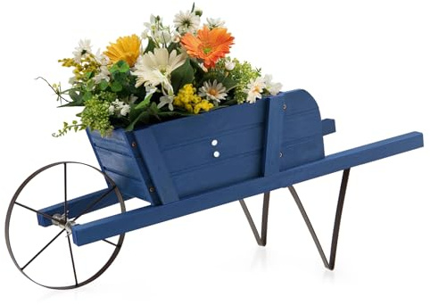 CHEFJOY Wooden Wagon Planter, 27.5x10.5x11.5 Wheelbarrow Cart Plant Pot