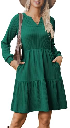Zeagoo Robe Pull Femme Col en V Manches Longues Légère Élégante Coupe Trapèze Tricotée Portefeuille Vert L
