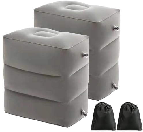 Inflatable Footrest Cushion, Pack of 2, Height Adjustable Aeroplane Travel Pillow, Portable Foot Cushion, 3 Layers with Storage Bag for Children, Adults, Home, Office, Car, Travel