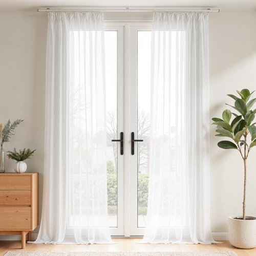 Vangao Voile Weiß Modern Vorhänge 2er Set H260 x B140 cm Gardinen mit kräuselband Extra Lange Wohnzimmer Schlafzimmer Kinderzimmer Fenster Vorhänge Sheer Halbtransparent Weiss Vorhang 260 cm lang