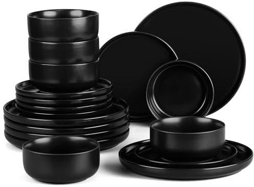 HaWare 18 Piece Dinner Set, Stoneware Dinnerware Service for 6, Elegant Matte Glaze Dining Ware Include Plates and Bowls, Chip and Scratch Resistant, Microwave & Dishwasher Safe, Matte Black