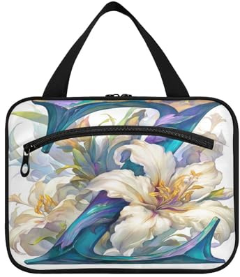 Floralmorphic Lettre Z Blanc Fleur de lys Style Peinture à l'huile Trousse de toilette pour femme avec crochet, Trousse de toilette unisexe pour voyage Essentials Vacation Bolsas para maquillaje L