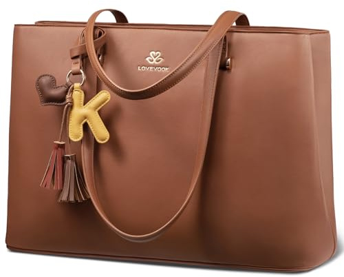 LOVEVOOK Tote Bag for Women with Zipper, Leather Laptop Work Tote for Women, Handbag Gift with Computer Compartment & Detachable Accessory, Purse for Travel, 15.6 Inch Brown