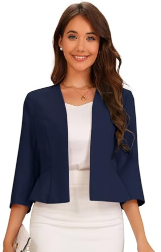 Blazer Court Élégant Femme Manches 3/4 et Ouvert Sur le Devant | Ourlet Péplum, Veste Cintrée de Bureau, Costume d'Affaire Basque