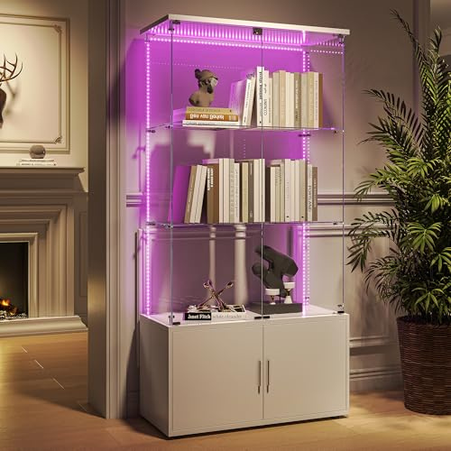 Bpkadhy Vitrina de madera y vidrio con iluminación LED, 4 estantes y 2 puertas con cerradura, armario para exhibir colecciones, libros y vinos, blanco (blanco, 4 puertas, 4 estantes, barra LED)