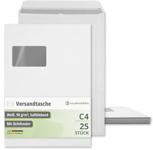 easydruck24de C4 kuvert med fönster 22,9x32,4 cm självhäftande - az257 | 90 g/m² vitt papper, grått säkerhetstryck invändigt, adressfönster, för A4 utan vikning, 25 st