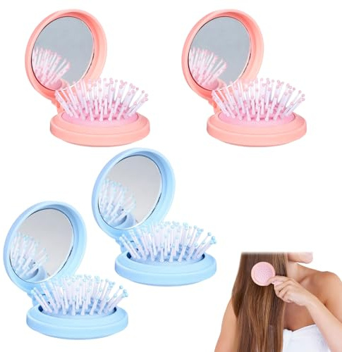Spazzola Tascabile Pieghevole In 4 Pezzi con Specchio Integrato, Spazzola Da Viaggio Mini Compatta in ABS, Spazzola Per Capelli Portatile con Massaggio, Specchio Pieghevole per Uso Quotidiano e Borsa