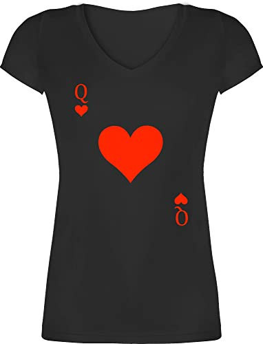 T-Shirt Damen V Ausschnitt - & Fasching - Queen Kartenspiel Karneval I Spielkarte Dame Rot Herzdame - 3XL - Schwarz - faschingsshirt karnevalsshirts Faschings q Shirts pärchen Oberteile