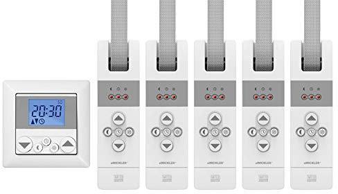 WIR elektronik, eWickler Standard 5 Fenster Funk-Set, eW830-F, 5x elektrischer Gurtwickler + 1x Funkuhr eU140, für 23mm Gurtband, Unterputz, bis 50Kg, Fahrtzeiten einstellbar, inkl. Netzstecker