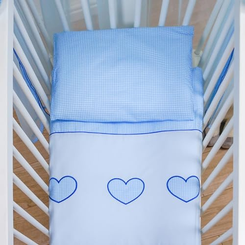 Baby Comfort 4-teiliges Bettwäsche-Set für Babybett, mit Bezug, passend für Wiege/Korb/Kinderwagen – Herz (blau) (12 Monate+)