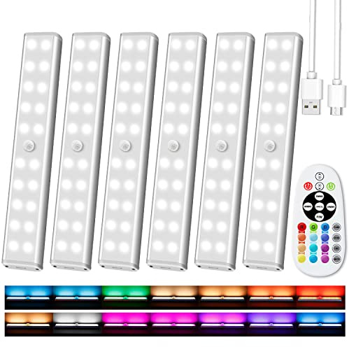 Under Cabinet Lighting Wireless with Remote, 48 LED Rechargeable Under Cabinet Lights, Kitchen Counter Lights Dimmable LED Closet Light RGB Bar for Shelf, Car, Hallway, 15 Color Changing, 6 Pack