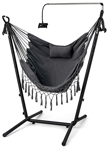 SFAREST Hammock Chair with Stand, Garden Hanging Swing Chair with Phone Holder, Handy Pocket and Humanized Pillow, Patio Tassels Swing Seat for Balcony Yard Poolside (Grey)