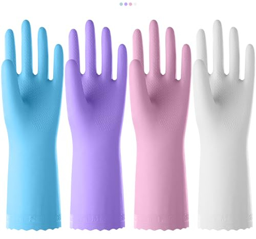 KAQ Rubber Gloves for Dishwashing Cleaning: 4 Pairs Reusable Household Kitchen Dish Washing Glove with Cotton Liner
