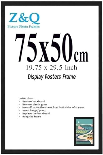 Z&Q Wall Display Pictures Posters Photo Frame Black - 75cm x 50cm Crystal Clear Front MDF Backing With Both Ways Hanging Hooks - Home Office Use