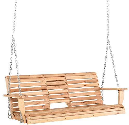 Outsunny Banco Columpio de 2-3 Plazas Banco Colgante de Madera con Mesa de Centro Plegable 2 Portavasos y Reposabrazos Carga 200 kg para Jardín Terraza Balcón 150x75x53 cm Natural