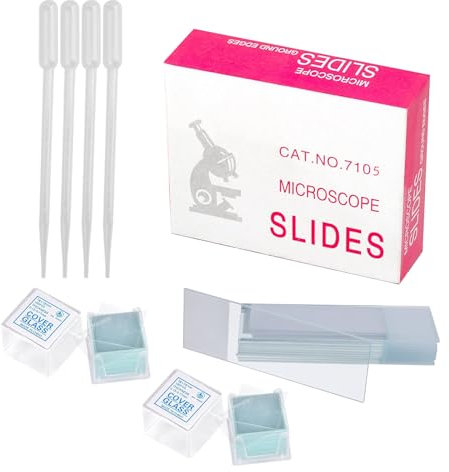 50 Stück Vorgereinigte Objektträger, 100 Stück Abdeckgläser, Mikroskop Deckgläser mit 4 Tropfer, für Labor Biologie Wissenschaft Studium