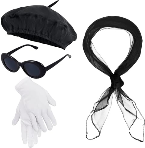 4pcs French Beret Costume Set Including Beret Scarf Gloves Sunglasses Black